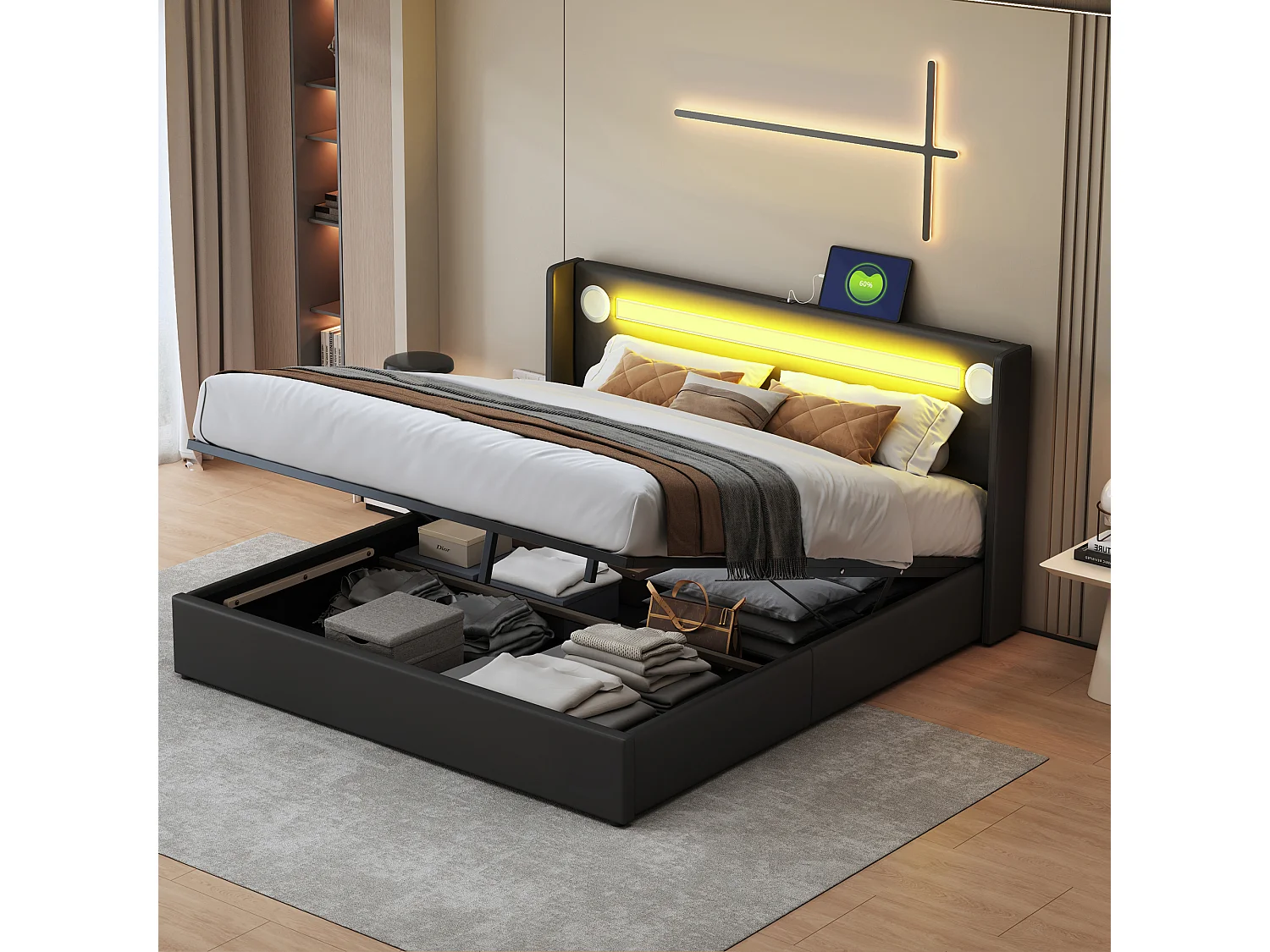 Łóżko ze schowkiem 160 x 200 cm - Czarny PU - Łóżko dwuosobowe z ładowarką USB i odtwarzaczem Bluetooth - Oświetlenie LED - Bez materaca 4252318 - obrazek 1