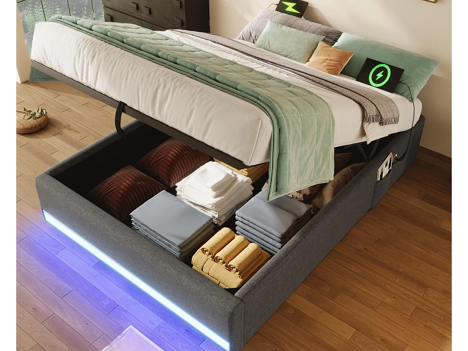 Łóżko z pojemnikiem tapicerowane 90x200cm - z taśmą świetlną LED - z portami USB + Type-C - szare (materac nie wchodzi w zestaw) 4252623 - obrazek 1