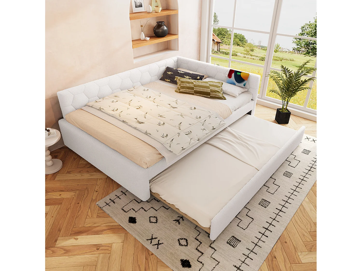 Łóżko wysuwane 140 x 200 cm – łóżko dla dorosłych z ładowarką USB i lampką nocną – biały aksamit – bez materaca 4253908 - obrazek 1