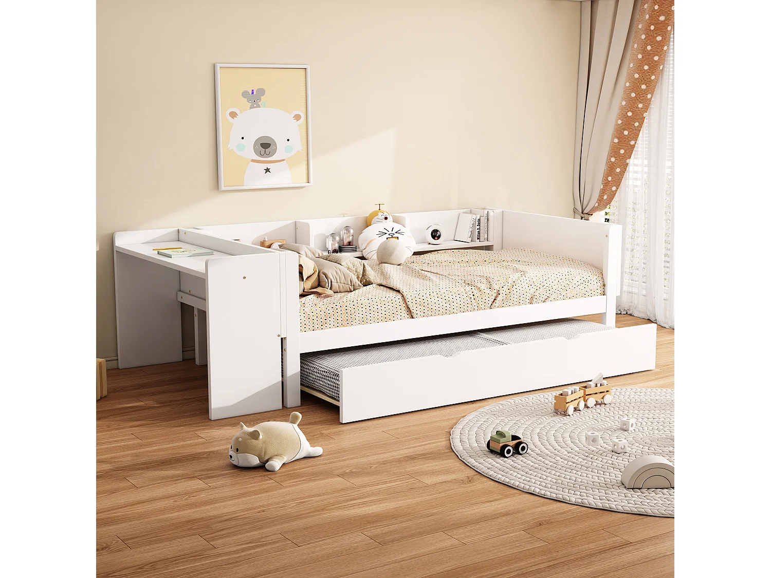 Łóżko wysuwane 90x200 cm - łóżko dziecięce z biurko i 3 półki - otwarta przestrzeń do przechowywania - białe drewno 4253910 - obrazek 1