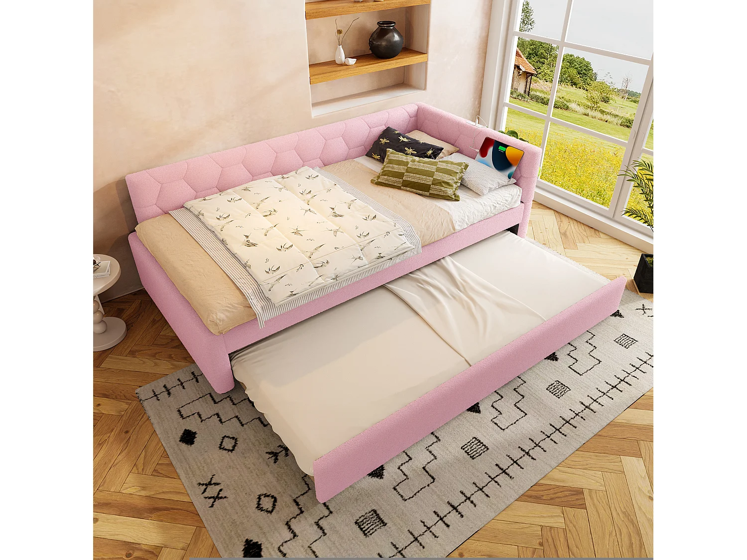 Łóżko wysuwane 90 x 200 cm - łóżko dziecięce z ładowarką USB i lampką nocną - różowy aksamit - bez materaca 4253916 - obrazek 1