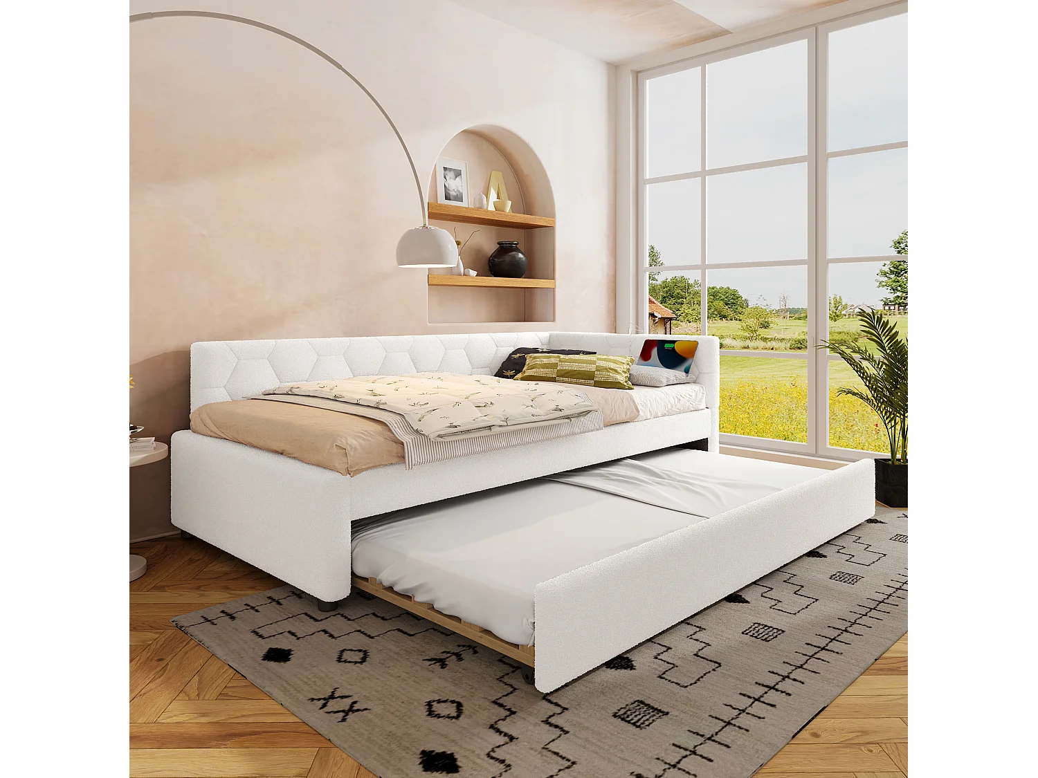 Łóżko wysuwane 90 x 200 cm – łóżko dziecięce z ładowarką USB i lampką nocną – biały aksamit – bez materaca 4253927