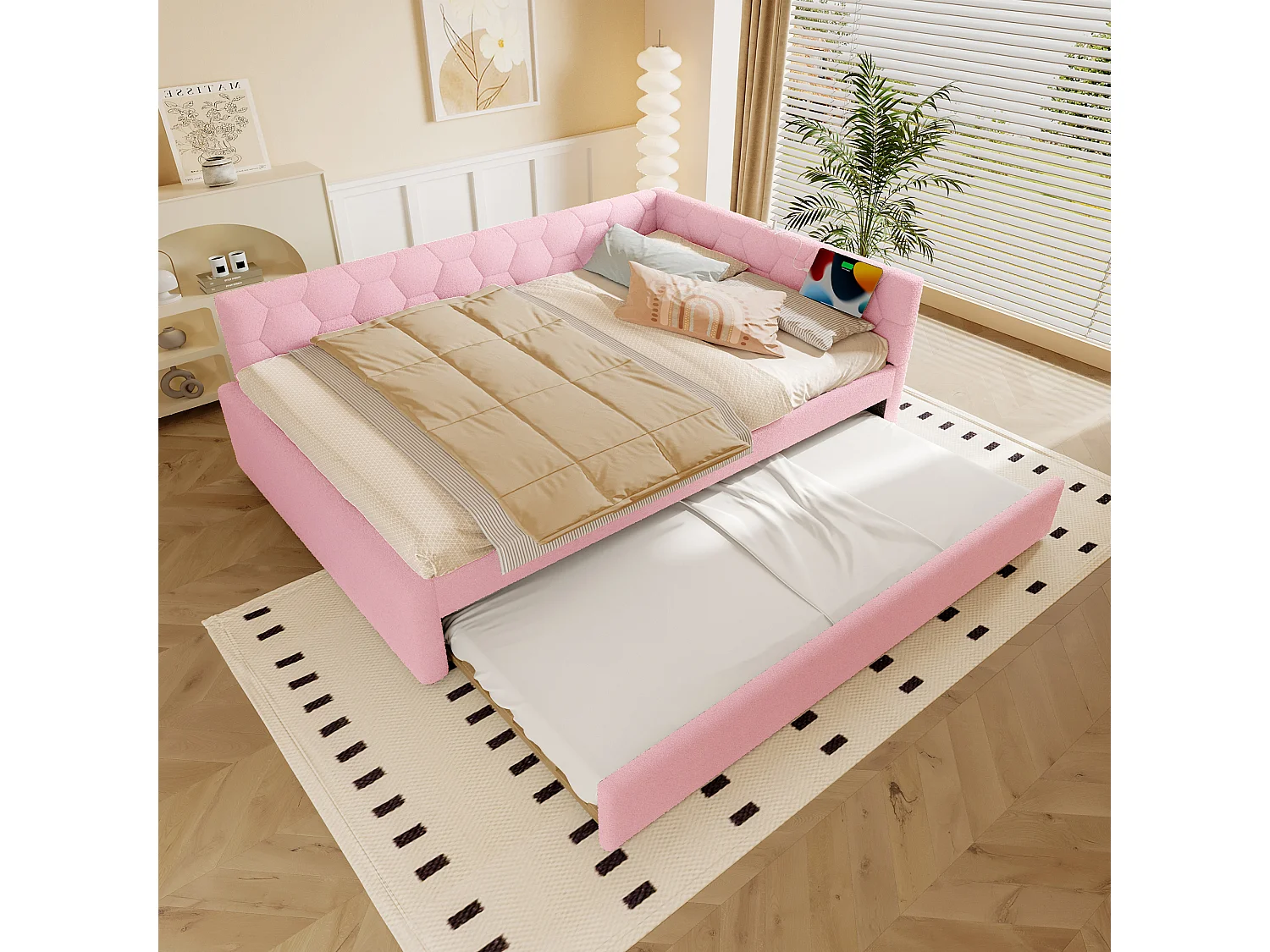 Łóżko wysuwane 140 x 200 cm – łóżko dla dorosłych z ładowarką USB i lampką nocną – różowy aksamit – bez materaca 4253975 - obrazek 1