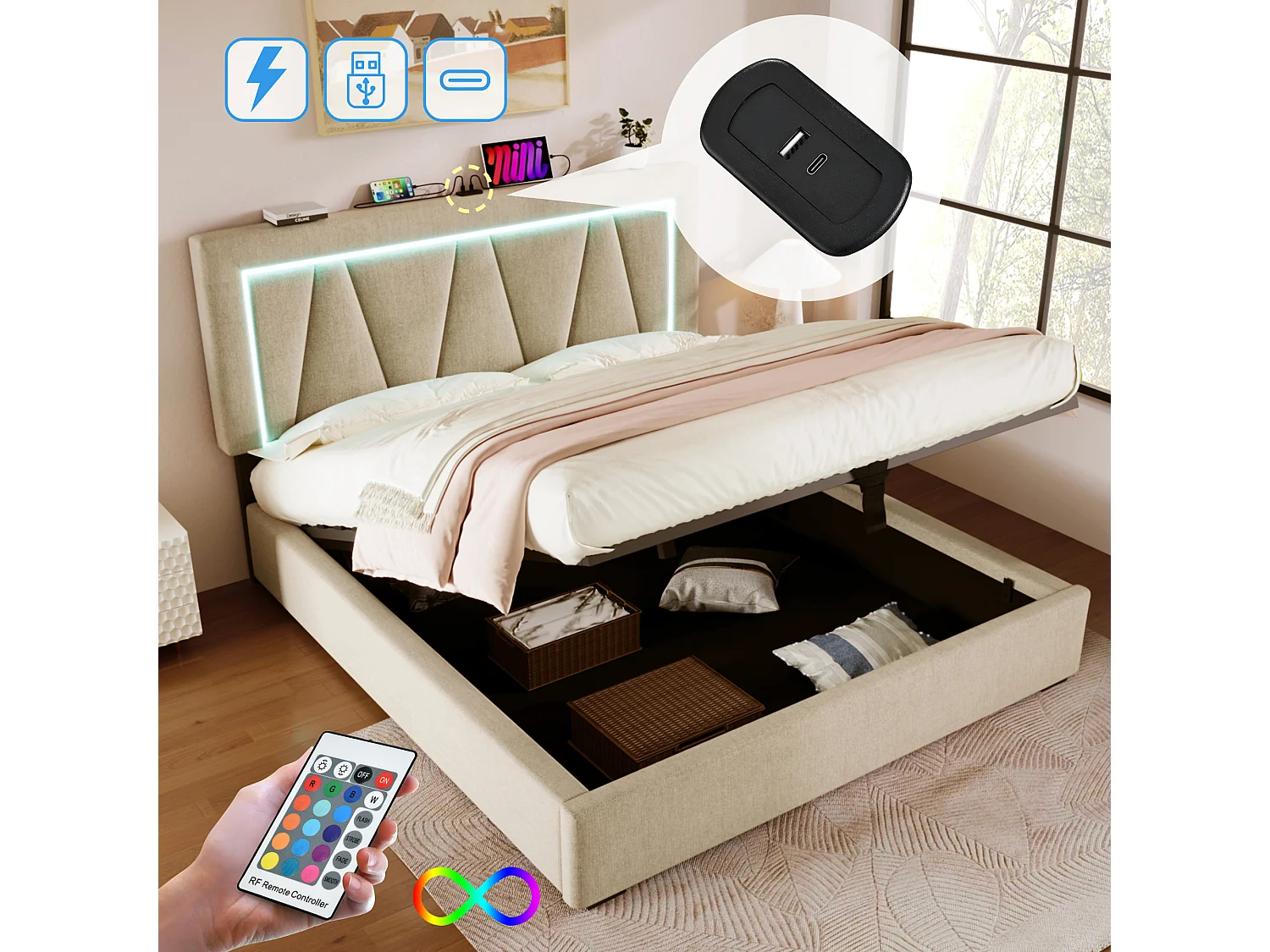 Łóżko ze schowkiem 160 x 200 cm - beżowy len - Łóżko dla dorosłych z ładowarką USB i oświetleniem LED - metalowa rama - bez materaca 4252285 - obrazek 1
