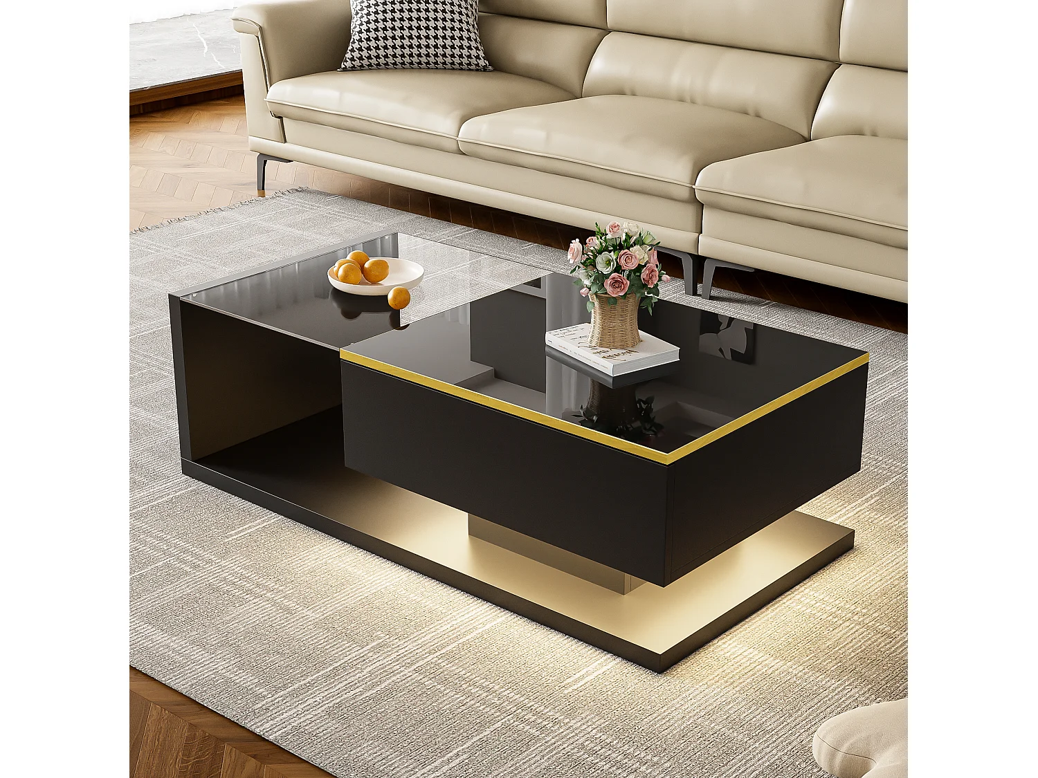 Czarny stolik kawowy 100 cm - Stolik kawowy z oświetleniem LED i przegródkami - otwarta przestrzeń do przechowywania - do salonu 4274257 - obrazek 1