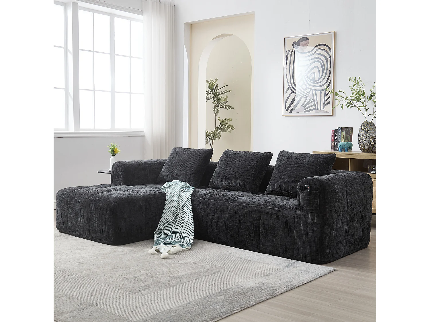 czarny Sofa narożna - z kieszeniami i 3 poduszkami - Chenille - z szezlongiem i podłokietnikami 4274260 - obrazek 1
