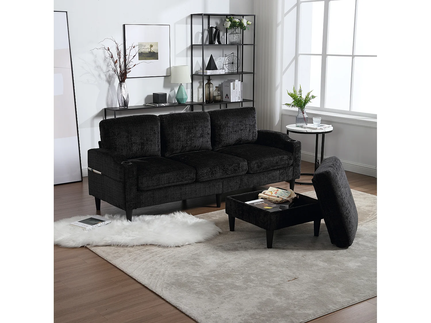 Czarna sofa narożna - Sofa z podnóżkiem i schowkiem - Chenille - uchwyt na kubek i kieszeń 4294986 - obrazek 1