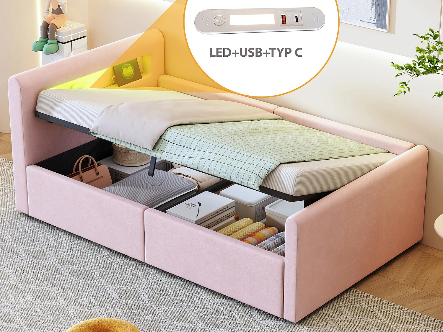 Łóżko z pojemnikiem 90×200 cm - z oświetleniem LED - z portem USB do ładowania - z półkami - aksamit - różowe (materac nie jest dołączony) 4303060 - obrazek 1