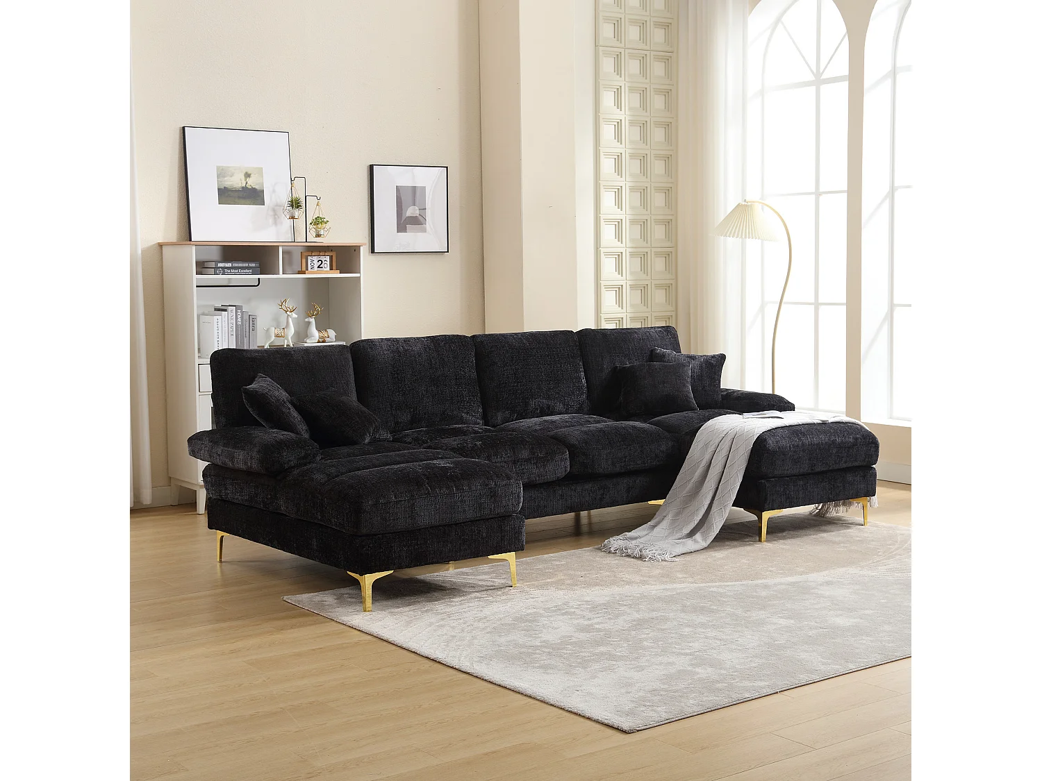 Czarny narożnik - Sofa 4-osobowa z siedziskami i poduszkami - szenil - do salonu i sypialni 4304417 - obrazek 1