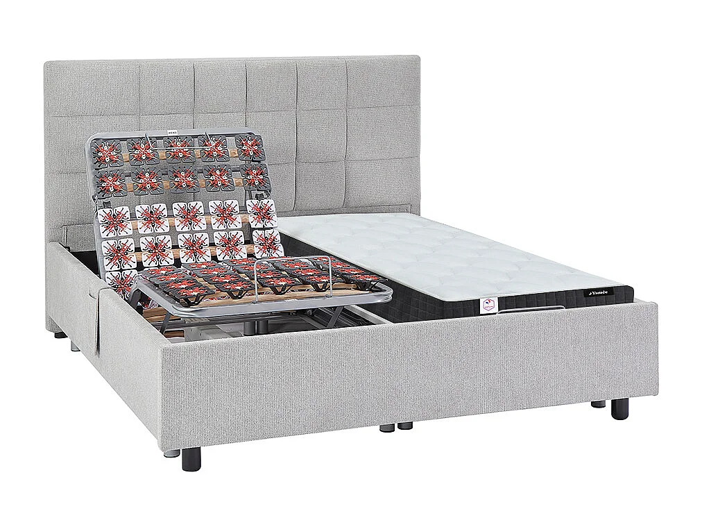 Łóżko elektryczne relaksacyjne dekoracyjne płytkowe + materac ze sprężynami kieszeniowymi i pamięcią kształtu - 2 x 70 x 190 cm - Tkanina - Szary - MANAM marki Ysmée 3442734 - obrazek 1