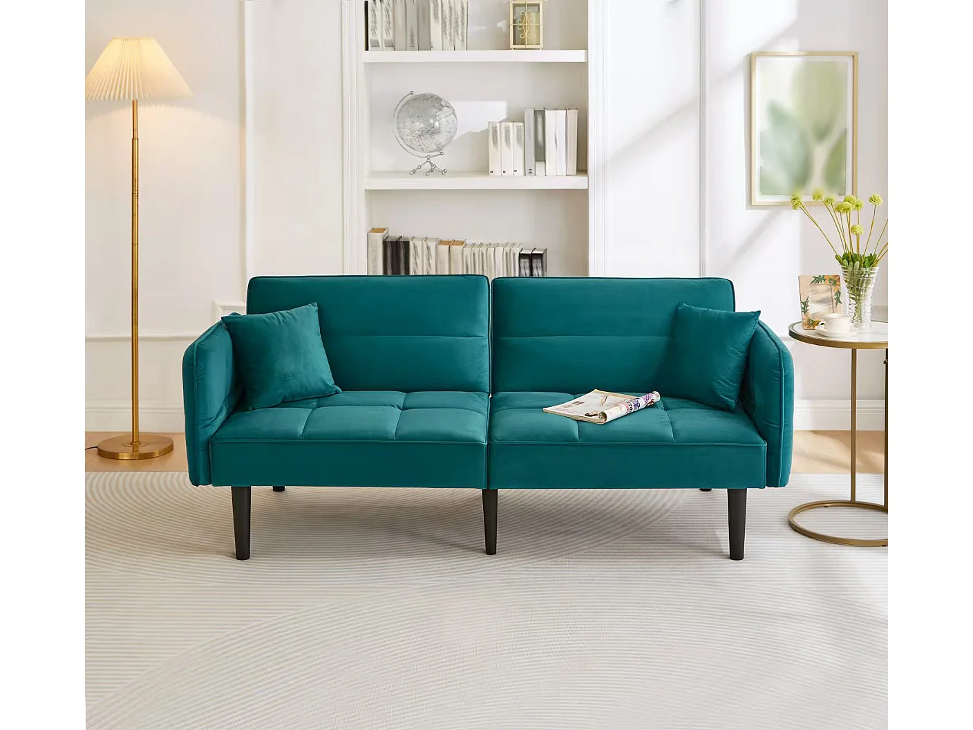 Dwuosobowa sofa rozkładana z aksamitu w kolorze turkusowym, z regulowanym oparciem i podłokietnikami, do salonu lub biura 4316468 - obrazek 1