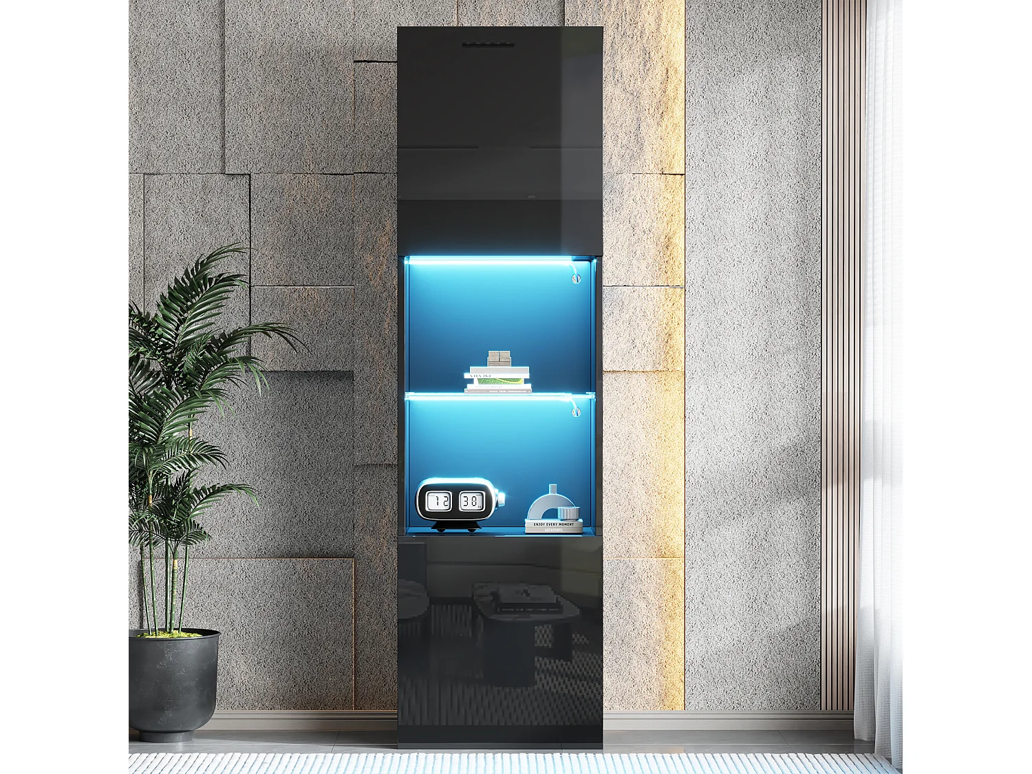 Czarna witryna z oświetleniem LED, 45x35x160 cm, 1 półka i 2 drzwi, do salonów i biur 4316565 - obrazek 1