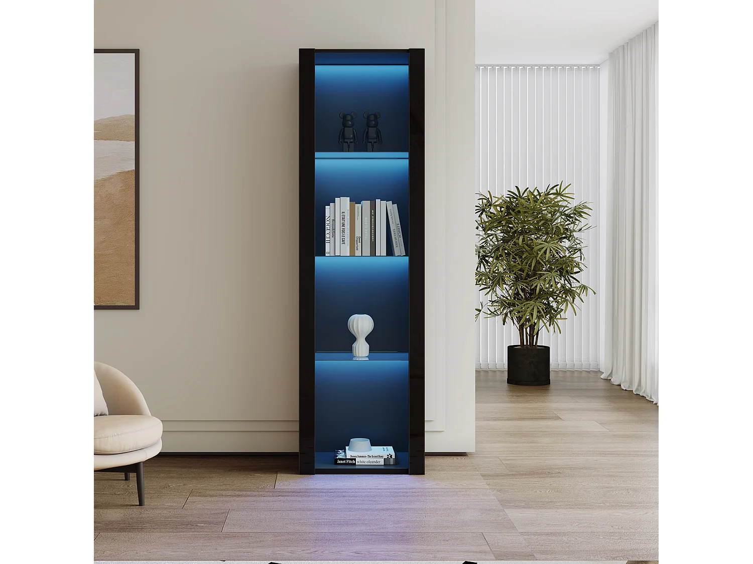 Czarna gablota z oświetleniem LED, 55x38x166 cm, 3 przegrody, do salonu i biura 4316569