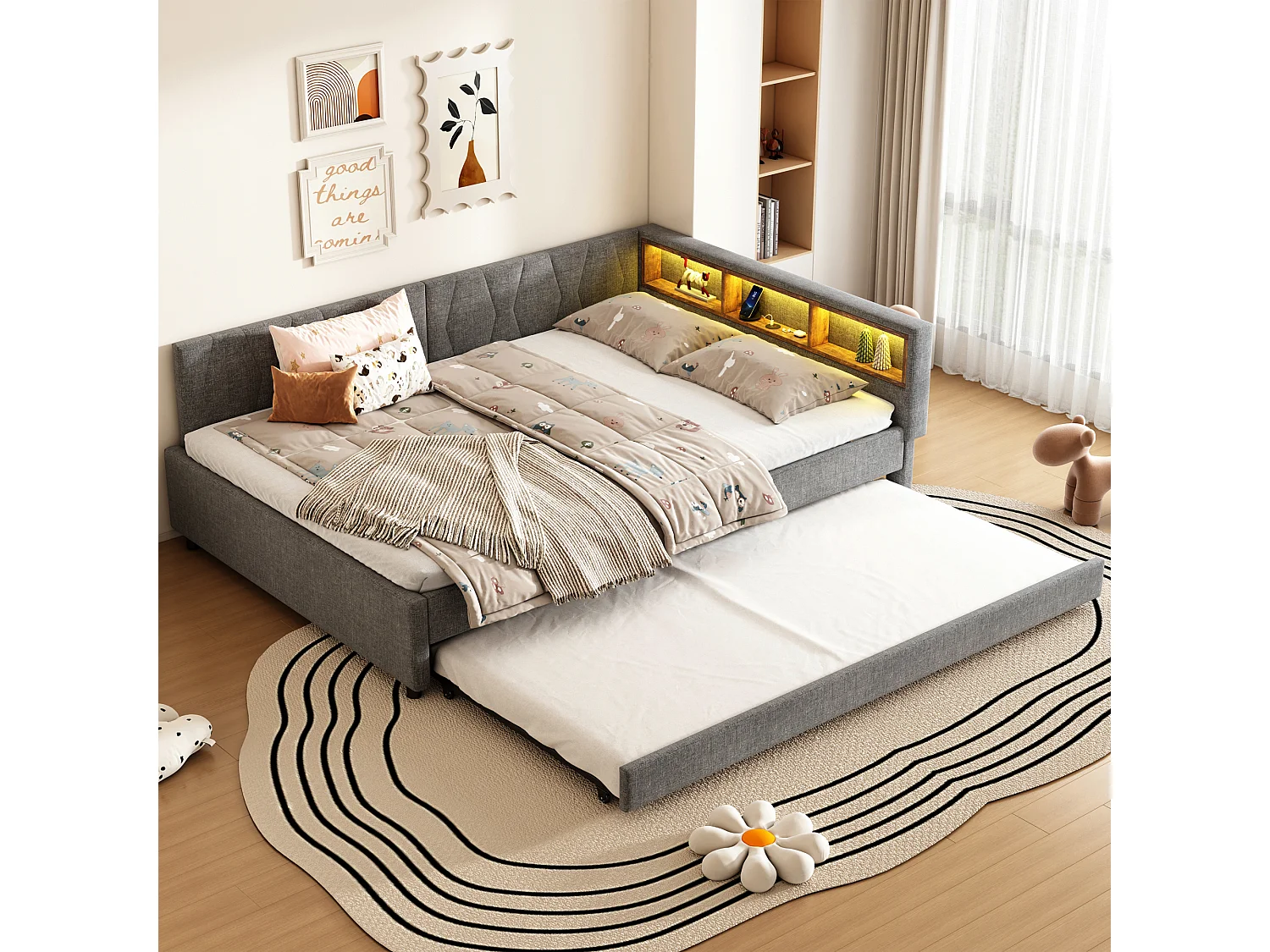Łóżko wysuwane 140×200 cm, szara tkanina lniana, leżanka z portami USB i oświetleniem LED, bez materaca 4316598