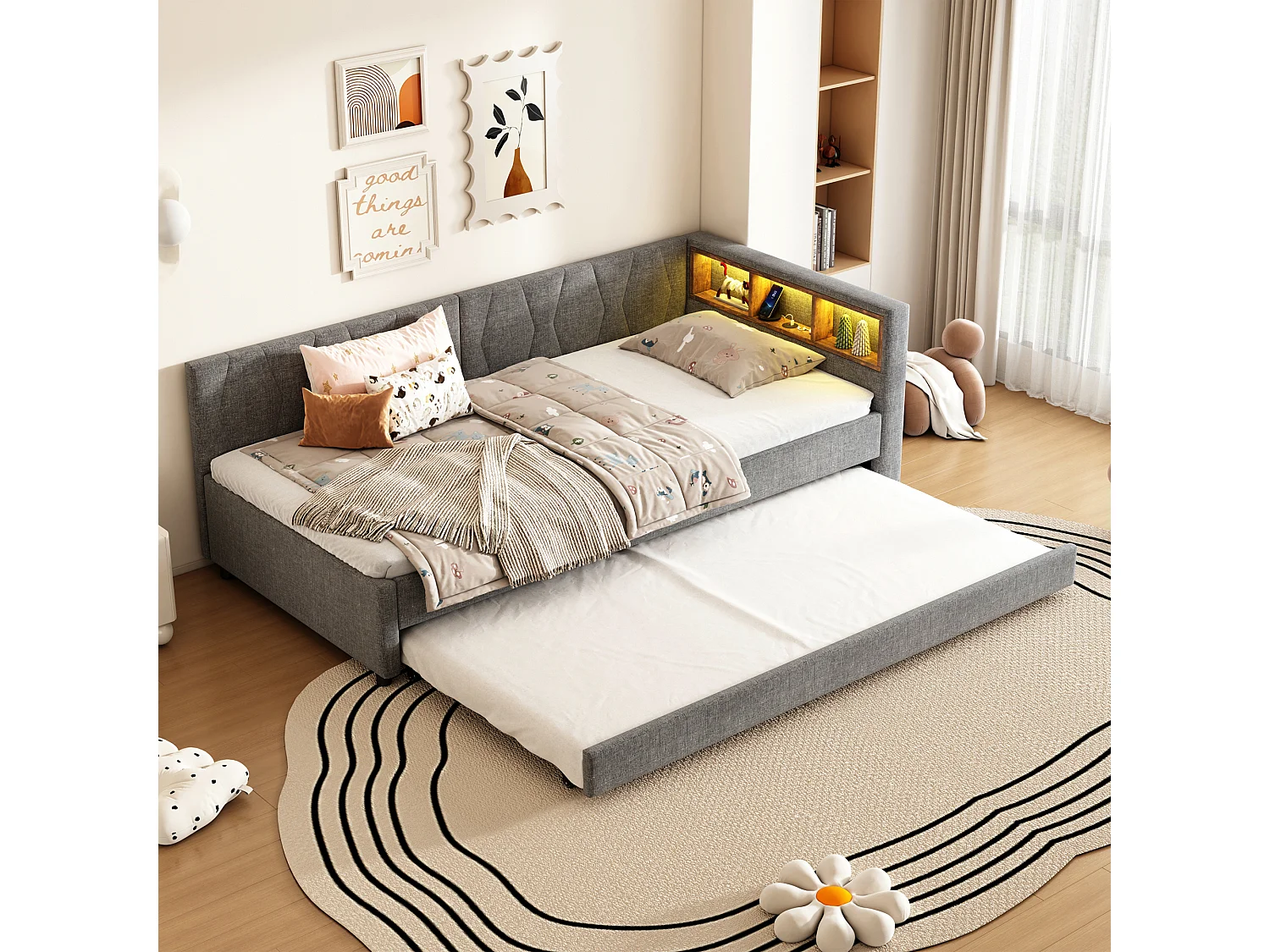 Łóżko wysuwane 90×200 cm, szara tkanina lniana, leżanka z portami USB i oświetleniem LED, bez materaca 4316624