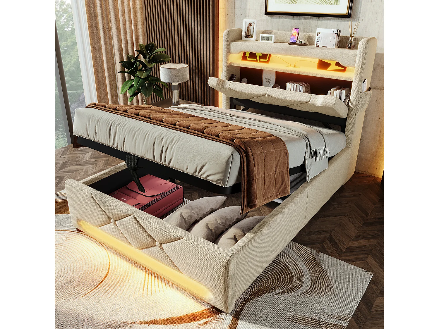 Łóżko z pojemnikiem 90x200 cm, beżowy len, łóżko pojedyncze dla dorosłych z ładowaniem USB i oświetleniem LED, bez materaca 4316625 - obrazek 1