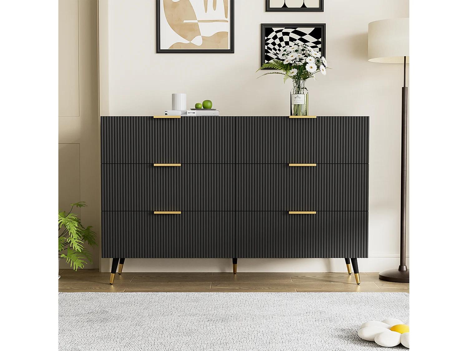 Czarna komoda, elegancka komoda z 6 szufladami do przechowywania, złote uchwyty, do salonu i sypialni 4316630