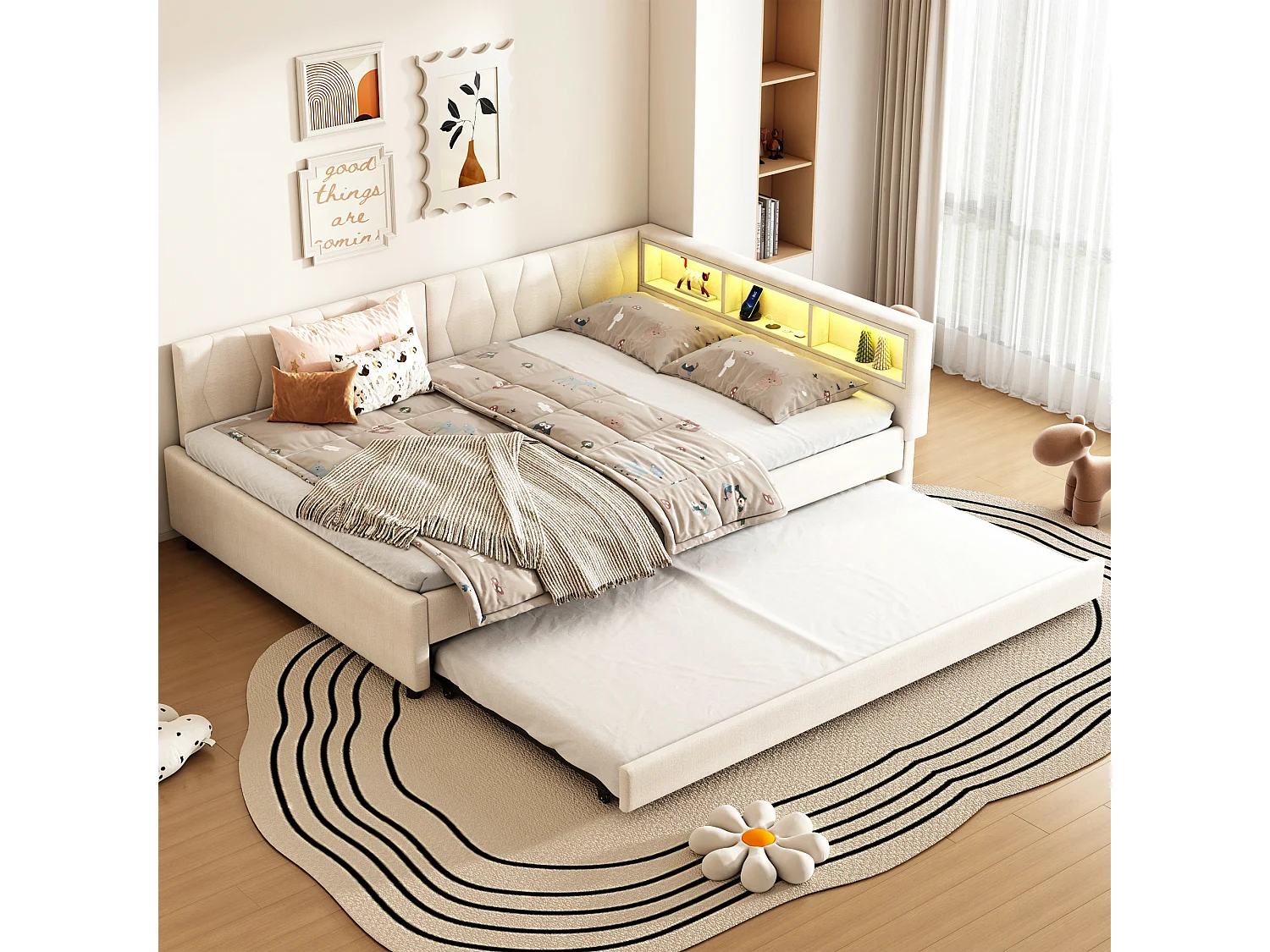 Łóżko wysuwane 140×200 cm, beżowa tkanina lniana, leżanka z portami USB i oświetleniem LED, bez materaca 4316633
