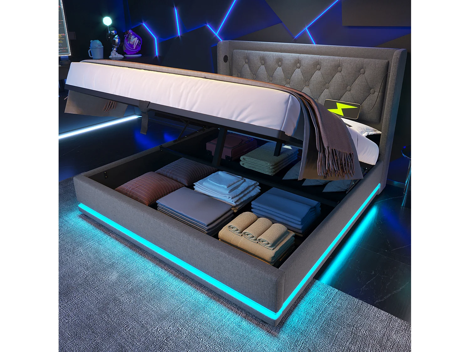 Łóżko ze schowkiem 180 x 200 cm, szara bawełna, z diodą LED i portem USB, bez materaca 4316662 - obrazek 1