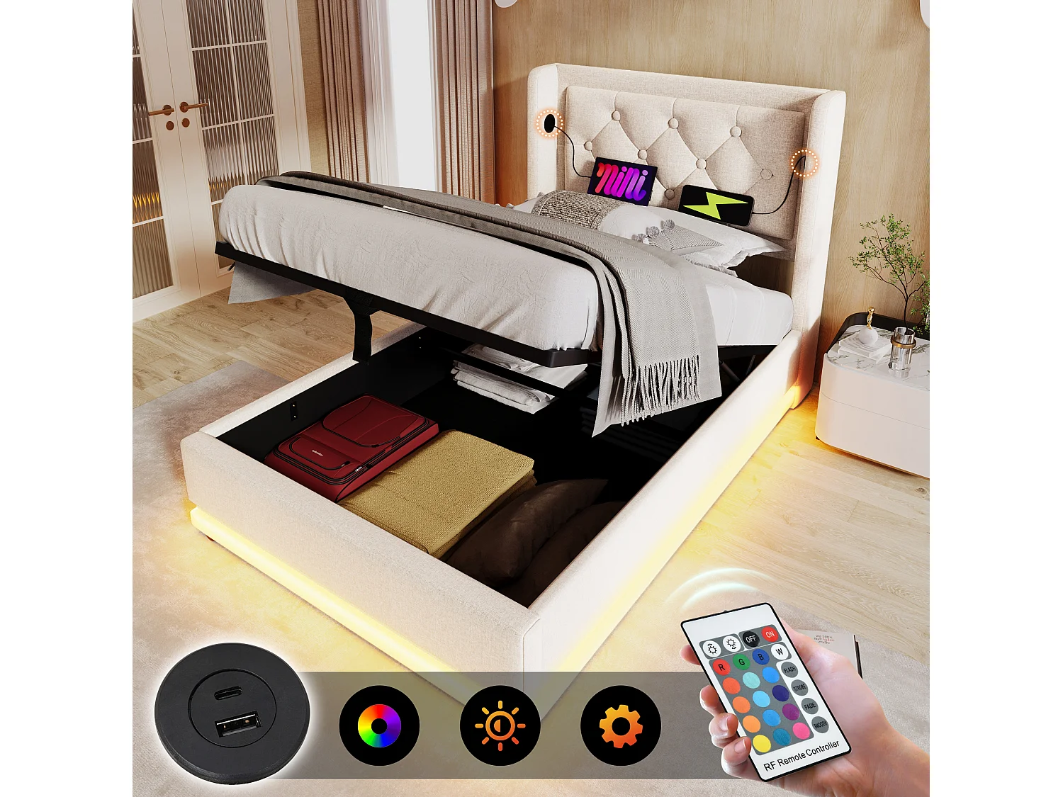 Łóżko ze schowkiem 90x200 cm, beżowa bawełna, łóżko młodzieżowe z diodą LED i ładowaniem przez USB, bez materaca 4316674 - obrazek 1