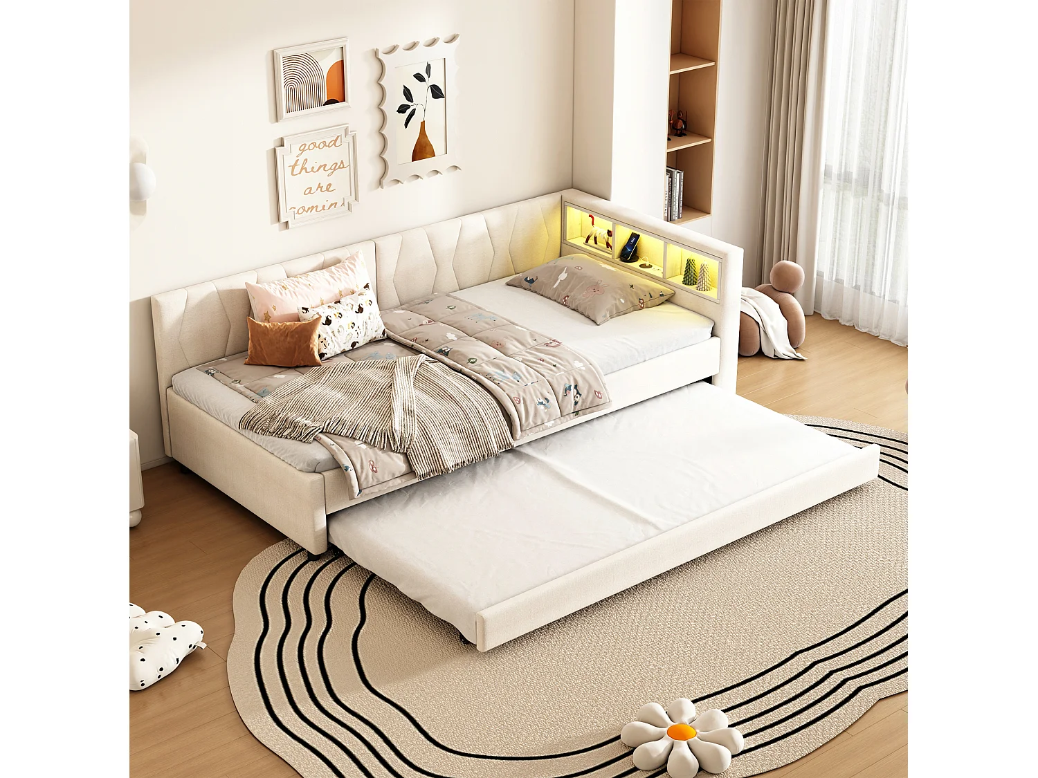 Łóżko wysuwane 90x200 cm, beżowa tkanina lniana, leżanka z portami USB i oświetleniem LED, bez materaca 4316690 - obrazek 1