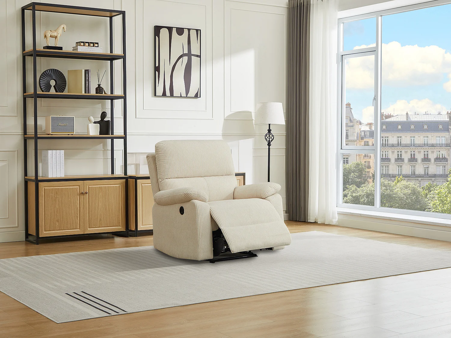 Fotel z elektryczną funkcją relax z beżowego sztruksu – LUNANO 3881234