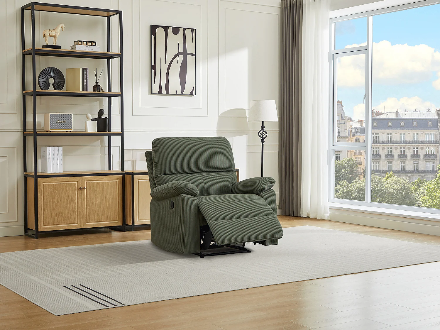 Fotel z elektryczną funkcją relax z zielonego sztruksu – LUNANO 3881237