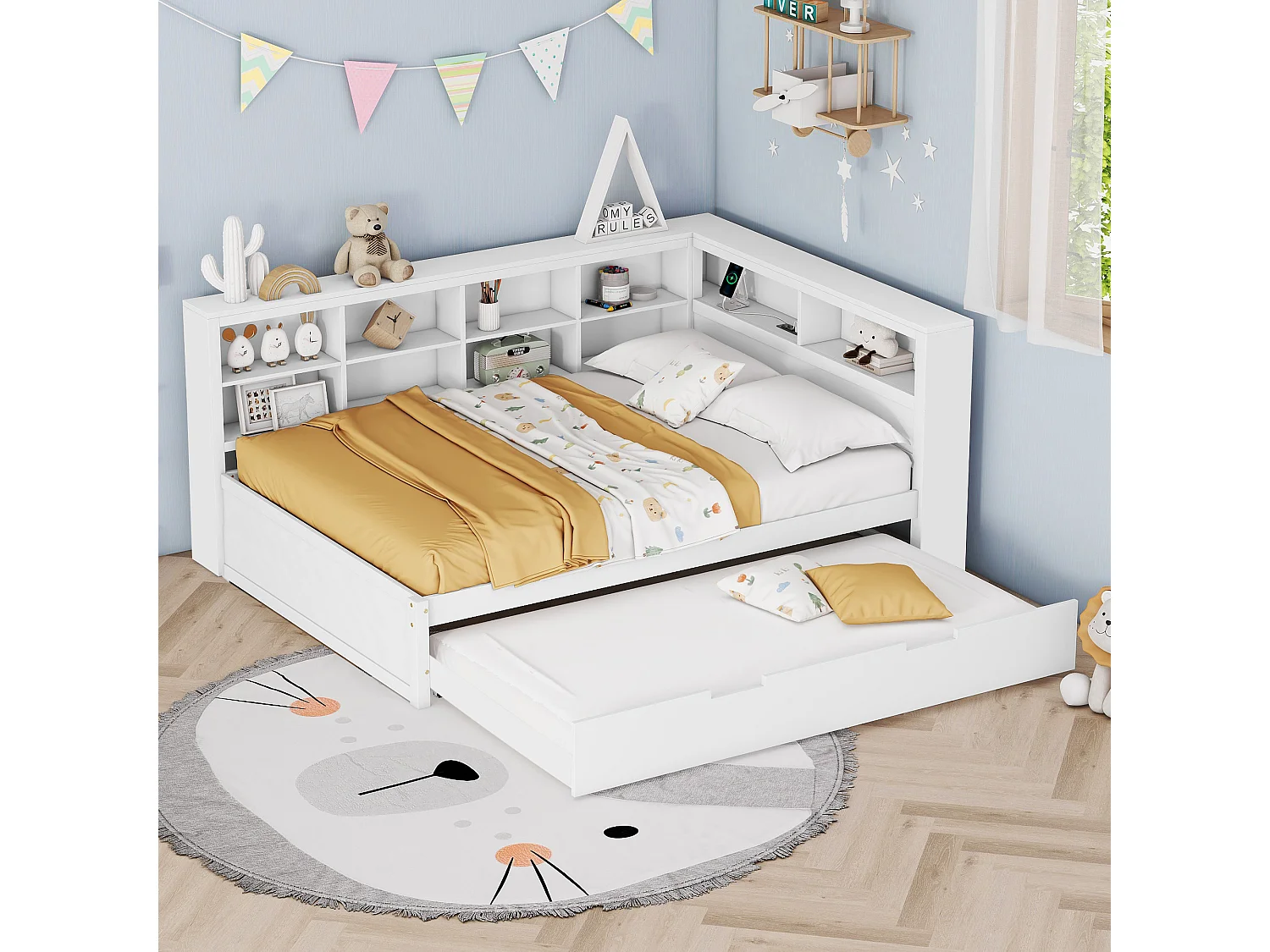 Łóżko wysuwane 140 x 200 cm + 90 x 190 cm z portem USB i schowkiem – lite drewno – białe 3276047