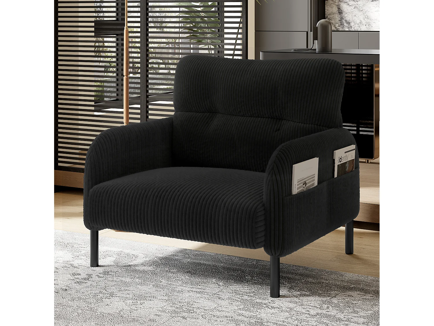 Czarna sofa prosta - Fotel z podłokietnikami i kieszeniami bocznymi - sztruks - do salonów i sypialni 4335762 - obrazek 1