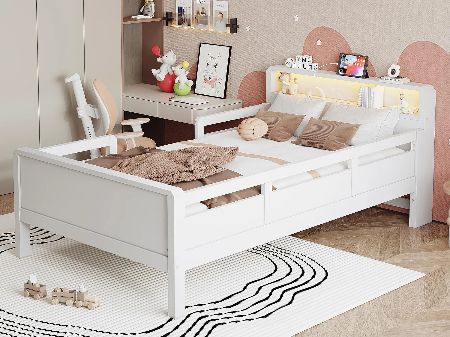 Łóżko z litego drewna 90×200 cm - z USB + Type-C - z nocną lampką LED - białe (bez materaca) 4344444 - obrazek 1