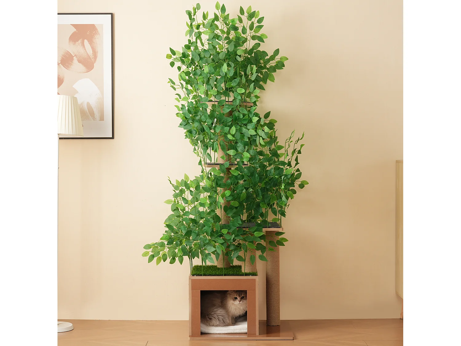 Drzewko dla kota - 60 x 45 x 190 cm - z 4 platformami + kocimi norami - wyjmowane liście - Płyta MDF - Zielony 4344679 - obrazek 1