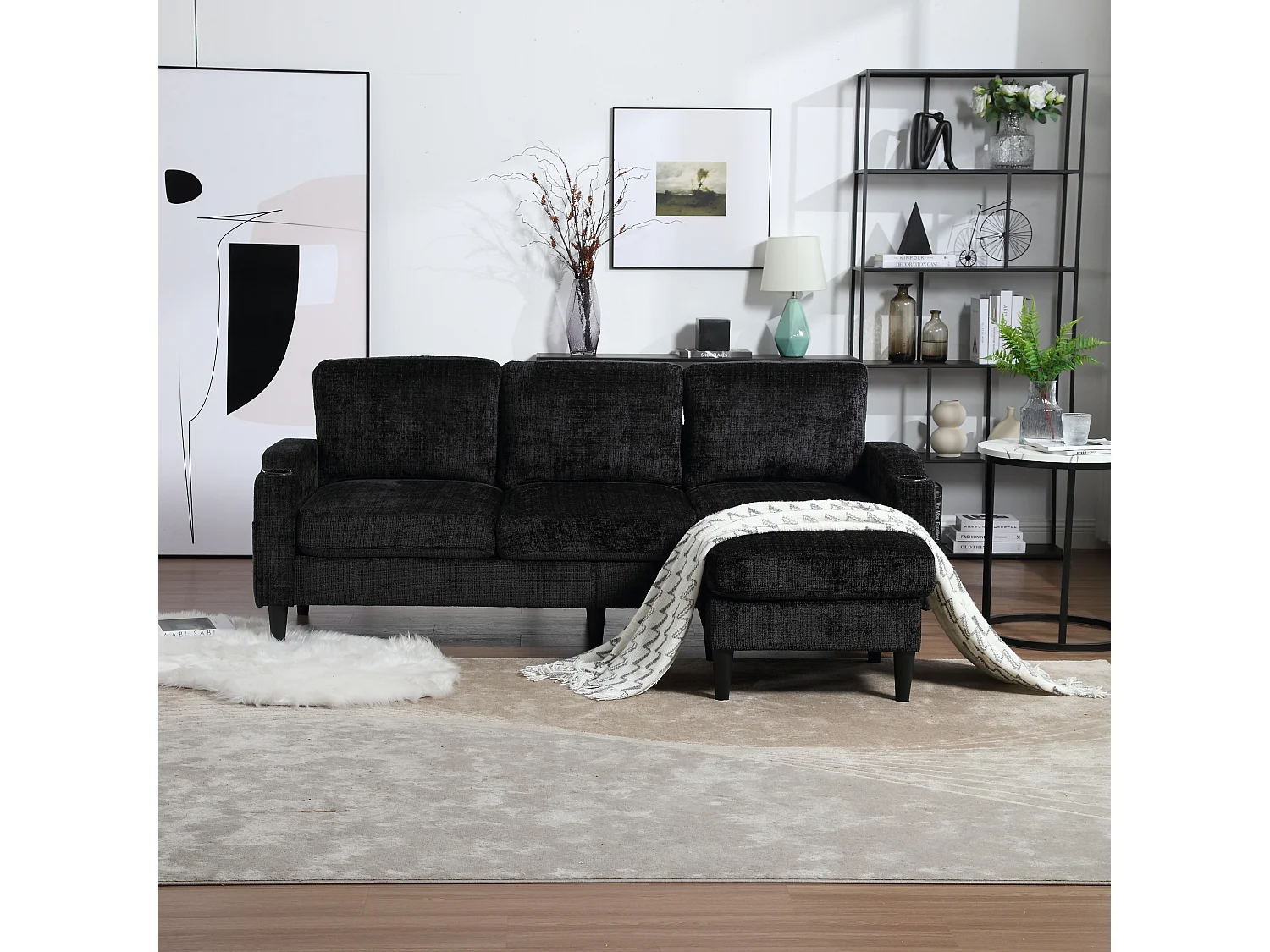 Czarna, 4-osobowa sofa modułowa Chenille z pufem ze schowkiem, uchwytami na kubki i kieszeniami bocznymi – do salonu 4351899 - obrazek 1