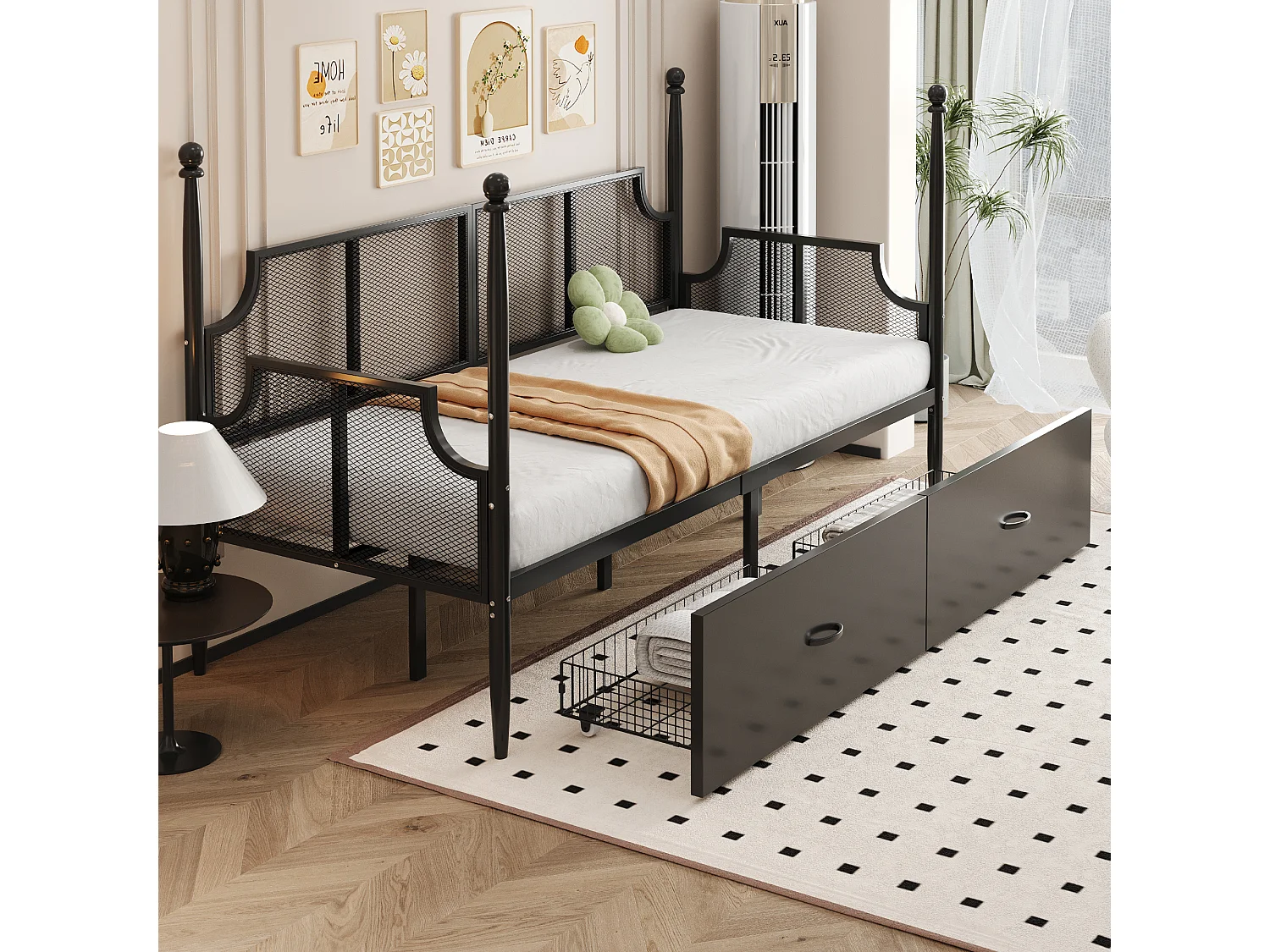 Czarna, metalowa leżanka 90x200 cm z siatkowym oparciem i 2 szufladami – bez materaca 4351934 - obrazek 1