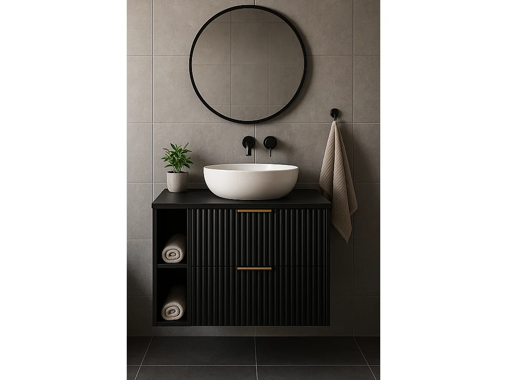 Czarna szafka łazienkowa ryflowana FLOW 80 cm z regałem i blatem 4366718