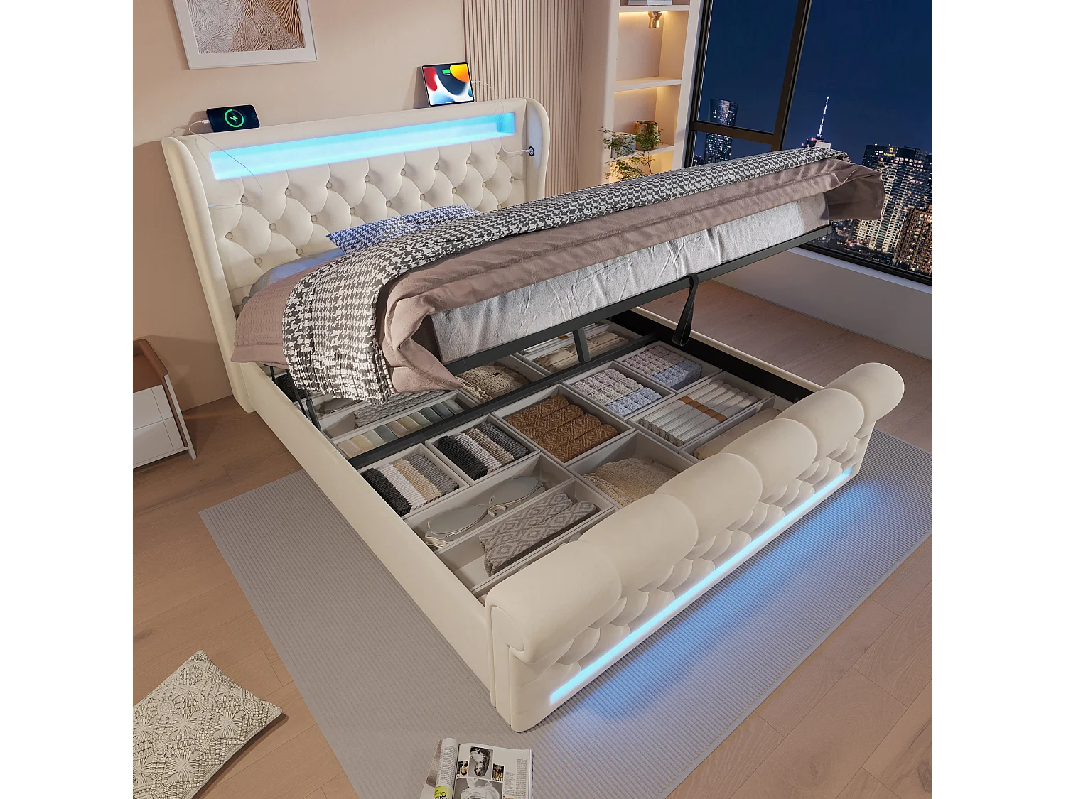 Łóżko z pojemnikiem 160x200 cm, beżowy aksamit, łóżko podwójne z oświetleniem LED i portami USB - bez materaca 4366905 - obrazek 1