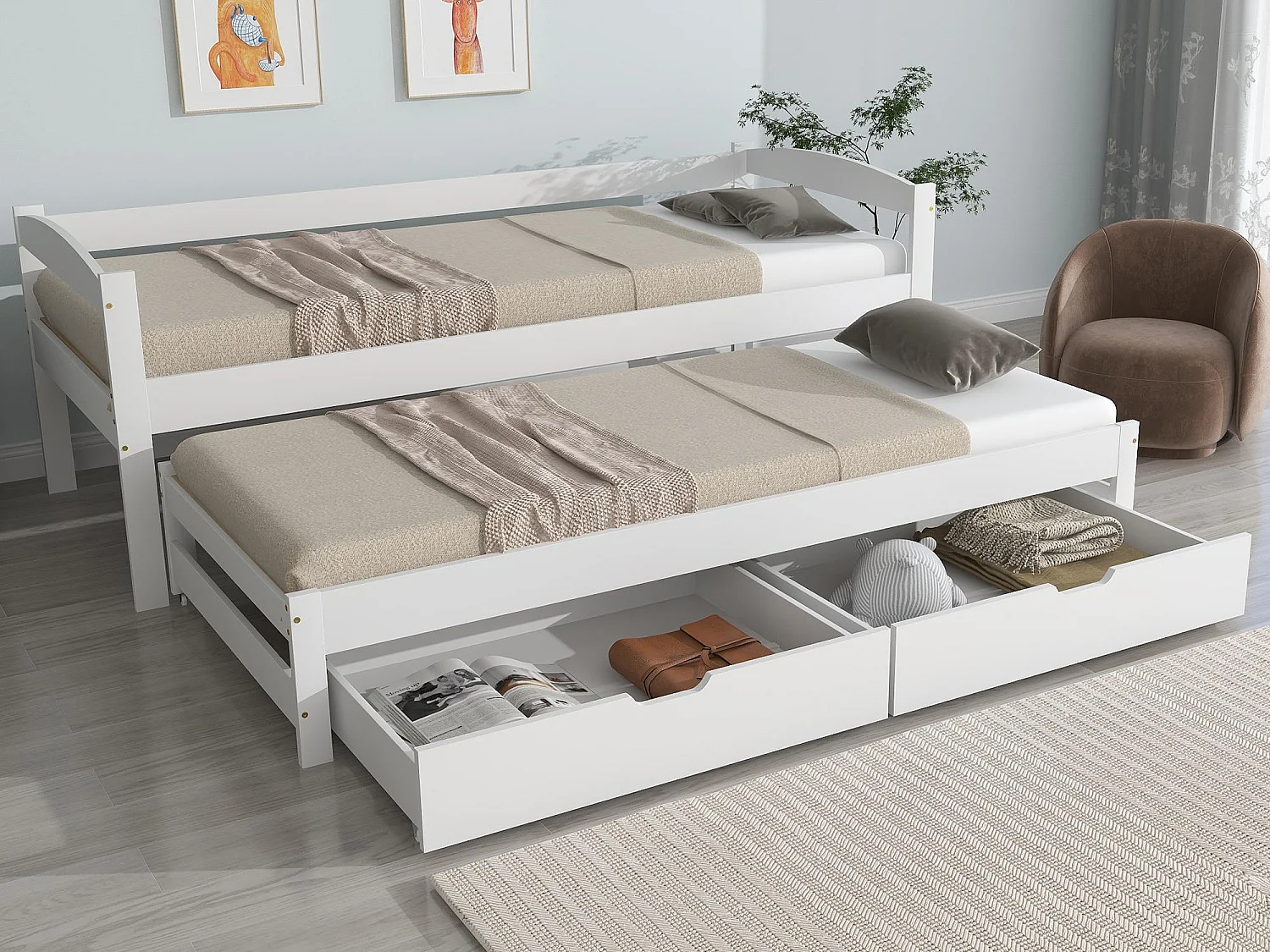Łóżko wysuwane z 2 szufladami - 200x90cm i 190x90cm - lite drewno + MDF - białe 1532099 - obrazek 1