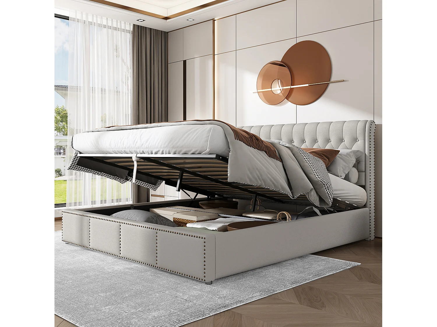 Łóżko z pojemnikiem i zagłówkiem - 160 x 200 cm - bawełna i len - stelaż z listew - styl nowoczesny - szaro-biały 1675719 - obrazek 1