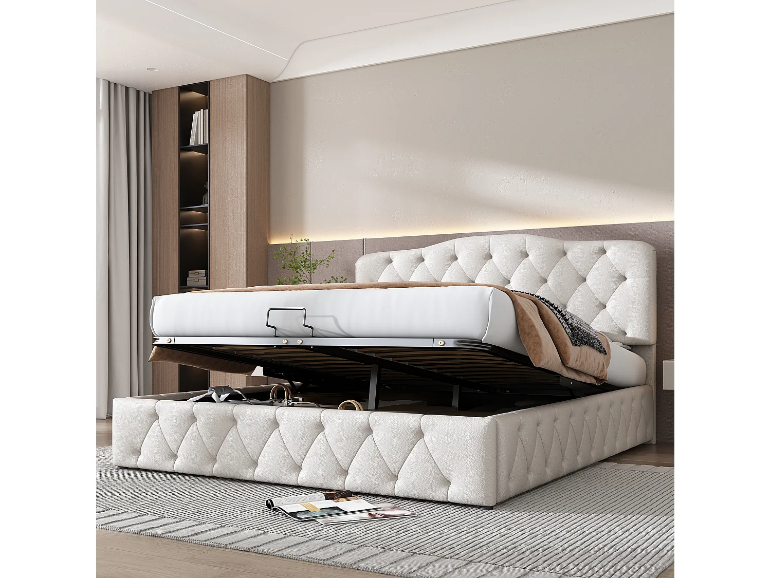 Łóżko ze schowkiem i zagłówkiem tapicerowanym skórą PU – 140 x 200 cm – styl skandynawski – dla dorosłych – białe 1661447