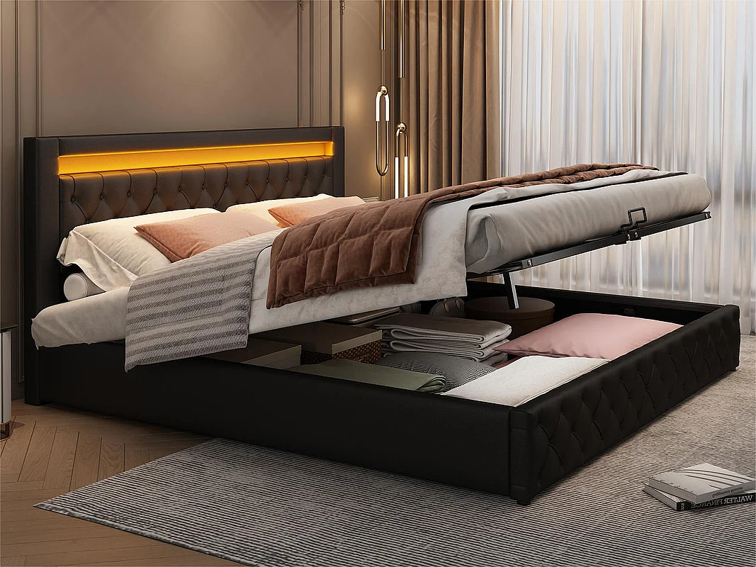 Łóżko z tapicerowanym zagłówkiem z ekoskóry z LED - 160x200cm - z stelażem na listwach - Czarny 2277279 - obrazek 1