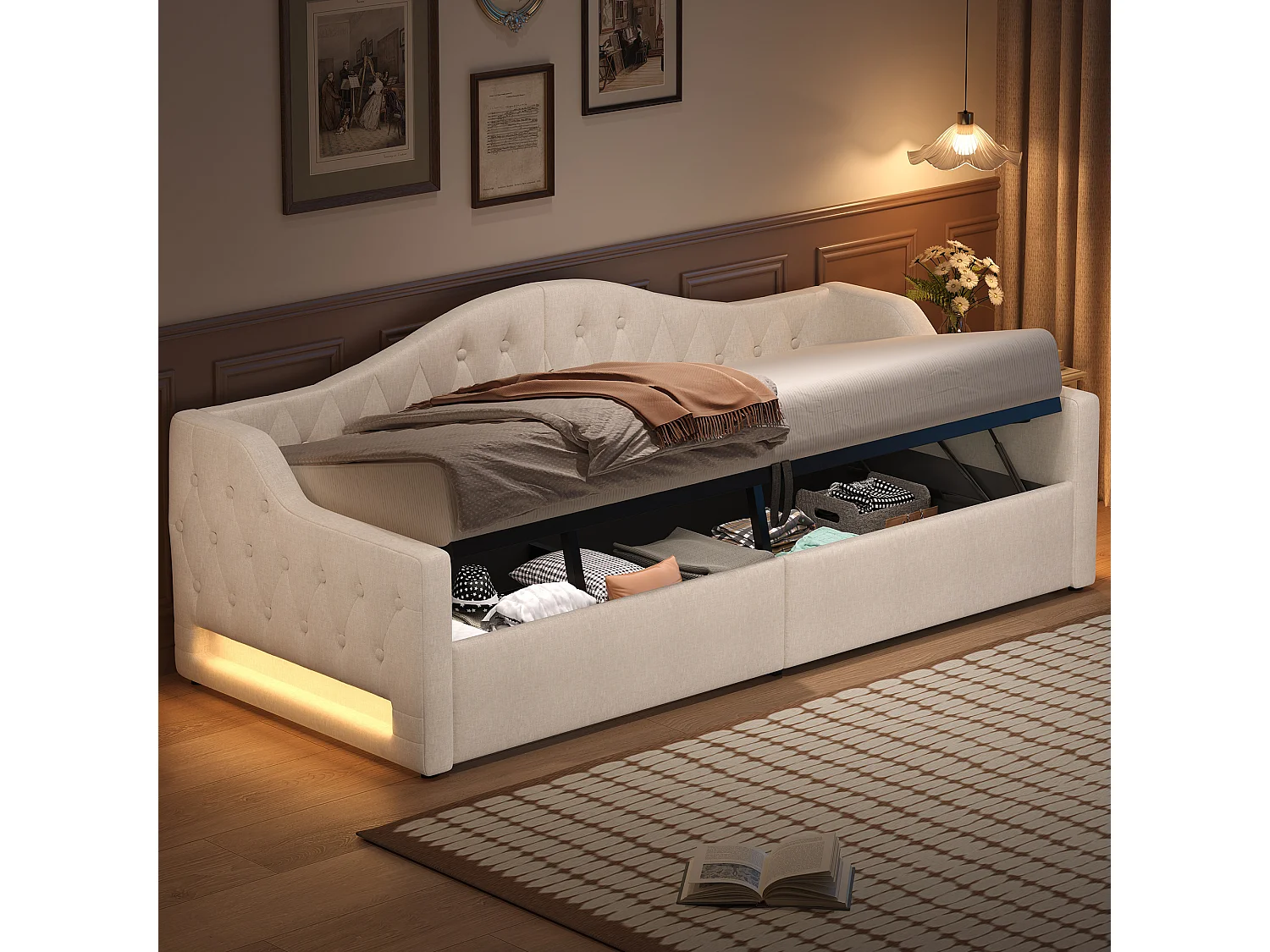 Łóżko z pojemnikiem 900 x 200 cm - Łóżko dziecięce z oświetleniem LED i podłokietnikami - beżowy len - bez materaca 4405086 - obrazek 1