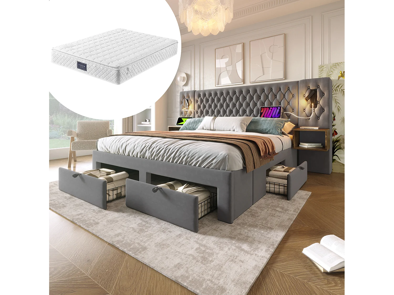 Łóżko z pojemnikiem - 160 x 200 cm - z 2 szafkami nocnymi + 4 szufladami + lampką nad wezgłowiem - aksamitne - szare (z materacem) 4420571 - obrazek 1