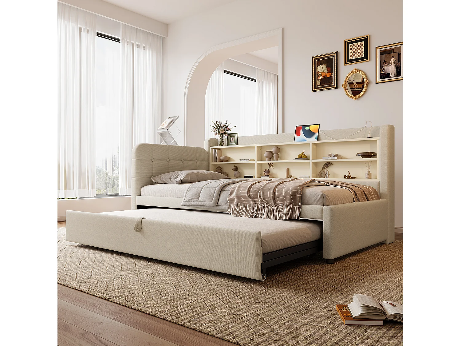 Łóżko wysuwane 90/180 x 200 cm - Łóżko podwójne z podłokietnikami i ładowarką USB - beżowa pościel - materac nie jest wliczony w cenę 4423675 - obrazek 1
