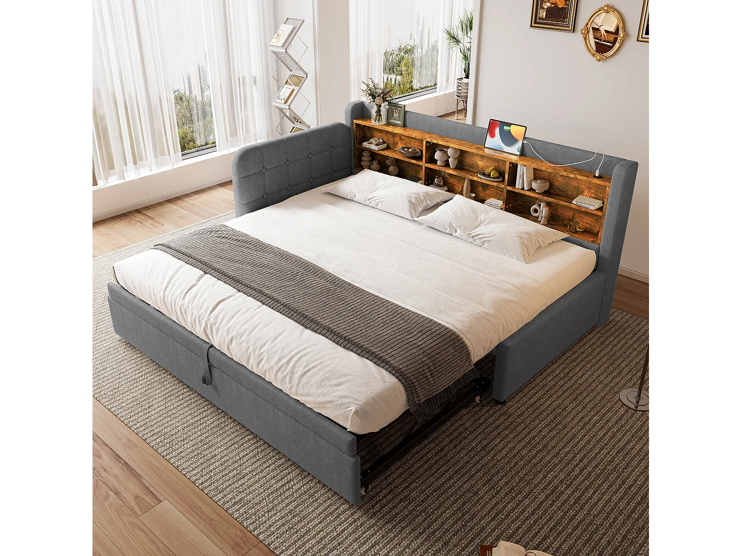 Łóżko wysuwane 90/180 x 200 cm - Łóżko podwójne z podłokietnikami i ładowarką USB - szara pościel - materac nie jest wliczony w cenę 4423695 - obrazek 1