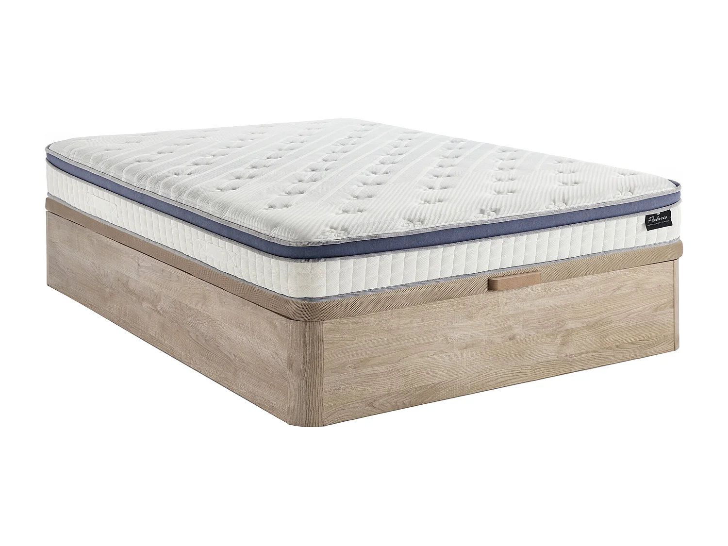 Zestaw 140 x 190 cm łóżko ze skrzynią kolor jasny naturalny + materac hybrydowy z 7-strefowymi sprężynami kieszeniowymi, z pianką termoelastyczną gr. 25 cm – MALAO od PALACIO 4423472