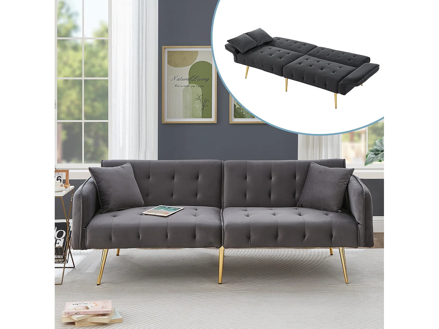 Dwuosobowa sofa z szarego aksamitu z regulowanymi podłokietnikami i oparciem, złote metalowe nogi 4429569 - obrazek 1