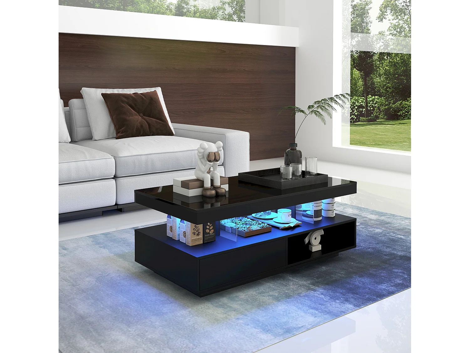 Czarny stolik kawowy na wysoki połysk z 2 szufladami i przegródkami, oświetlenie LED - 95 x 50 x 42,5 cm 4429585 - obrazek 1