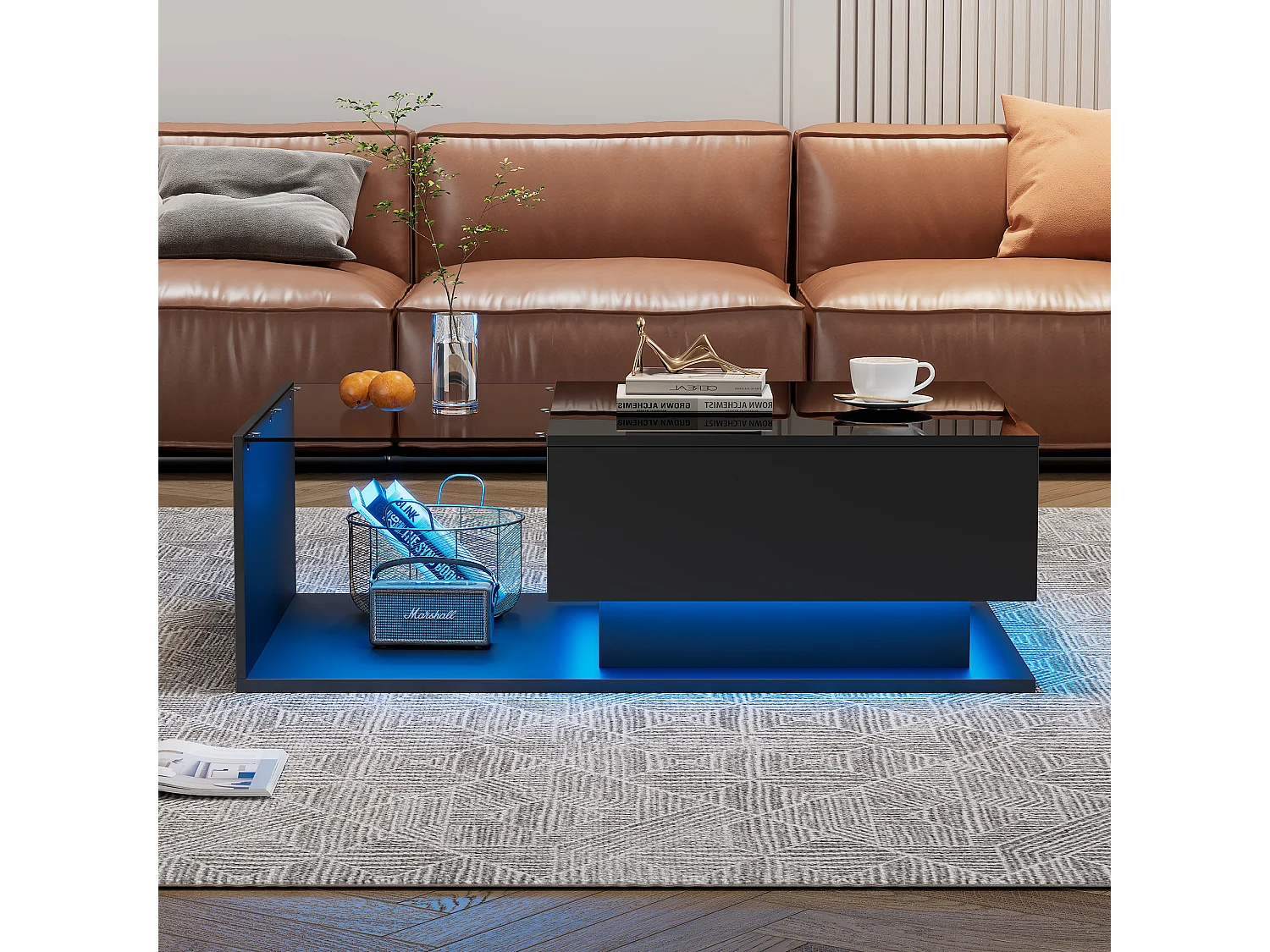 Czarny stolik kawowy 100x50 cm z oświetleniem LED, szufladą i szklanym blatem – do salonu i biura 4429590 - obrazek 1