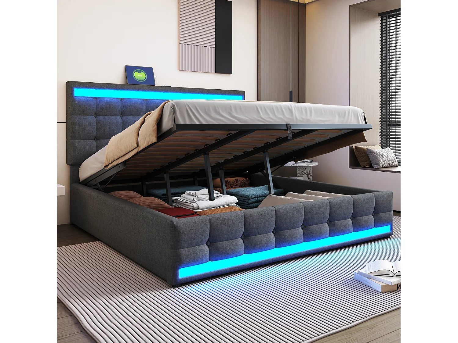 Łóżko z pojemnikiem 180x200 cm, szary len, łóżko podwójne z oświetleniem LED i portem USB – materac nie jest wliczony w cenę 4429677 - obrazek 1