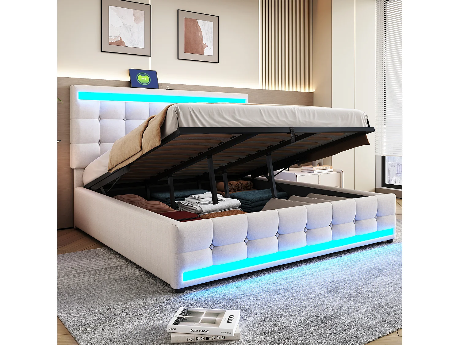 Łóżko z pojemnikiem 180x200 cm, beżowy len, łóżko podwójne z oświetleniem LED i portem USB – materac nie jest wliczony w cenę 4429691 - obrazek 1