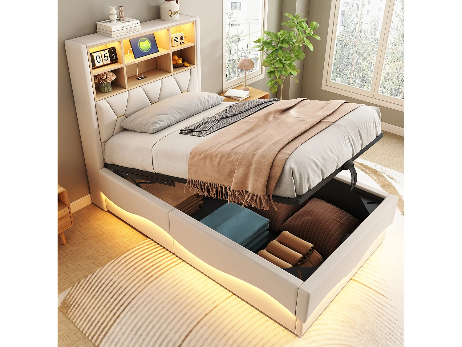 Łóżko z pojemnikiem 90x200 cm, beżowy len, łóżko dziecięce z diodami LED i USB, zagłówek z pojemnikiem - bez materaca 4429712 - obrazek 1